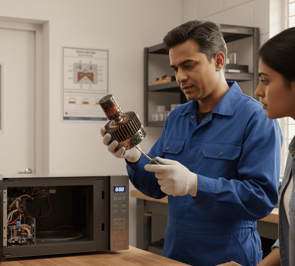 Overheated magnetron inside microwave leading to shutdown in a Kolkata apartment.