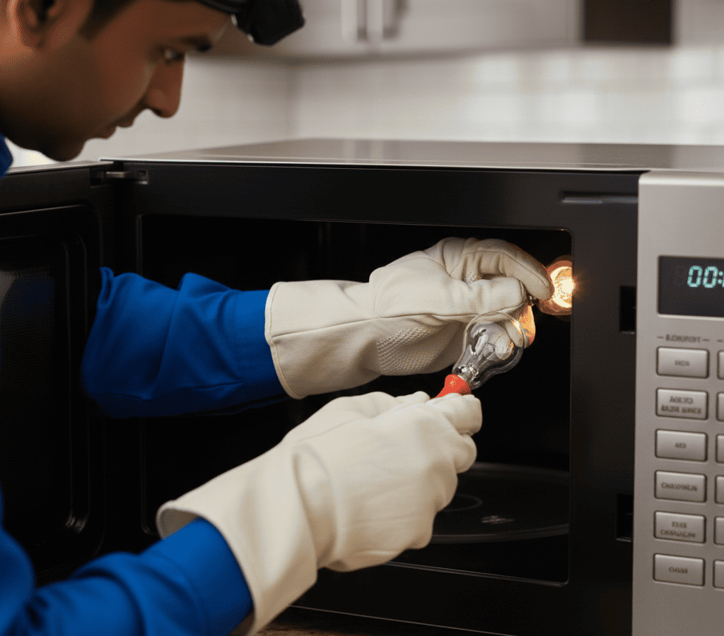 Microwave bulb replacement process by technician in Kolkata