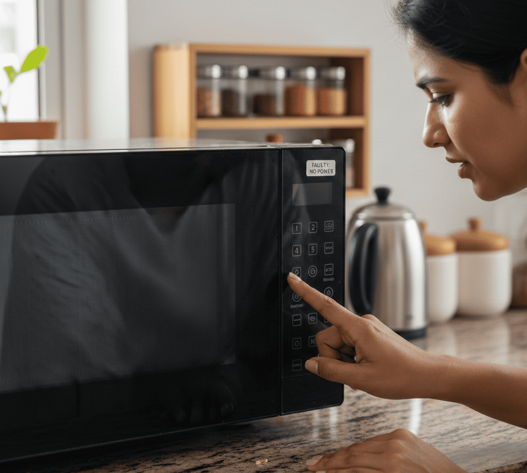 Microwave buttons not responding in a Kolkata home kitchen.
