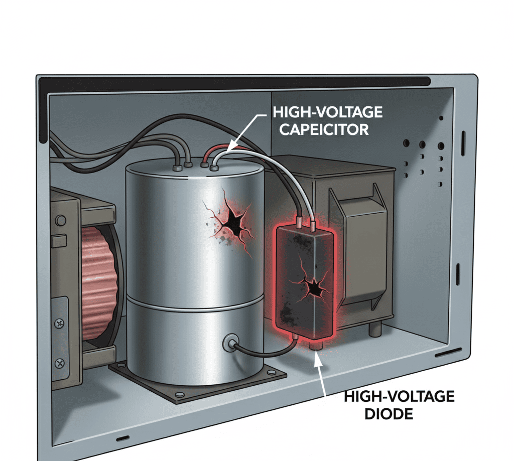 Burnt capacitor and diode inside a microwave leading to no-heating problem.