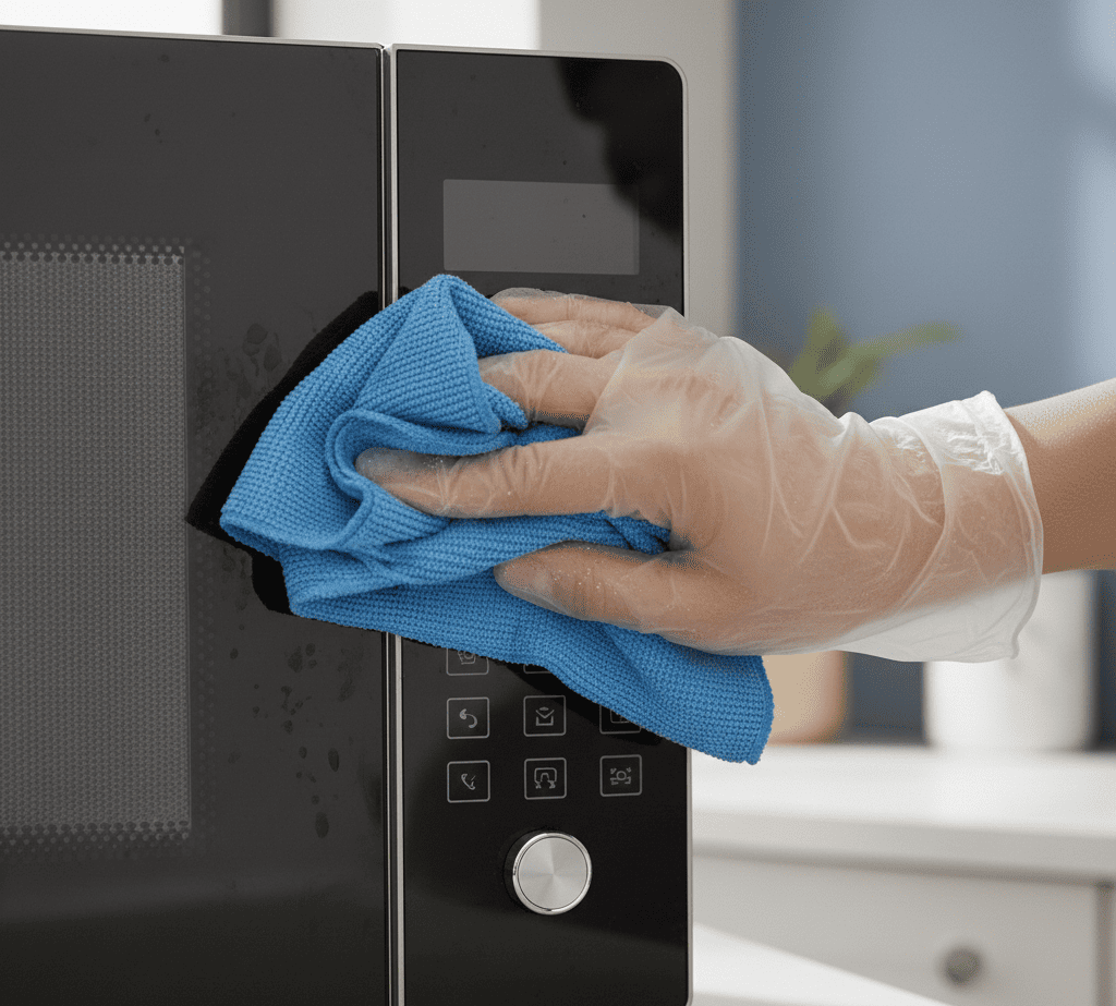 Person gently wiping microwave touch panel with a soft cloth in a Hyderabad home.