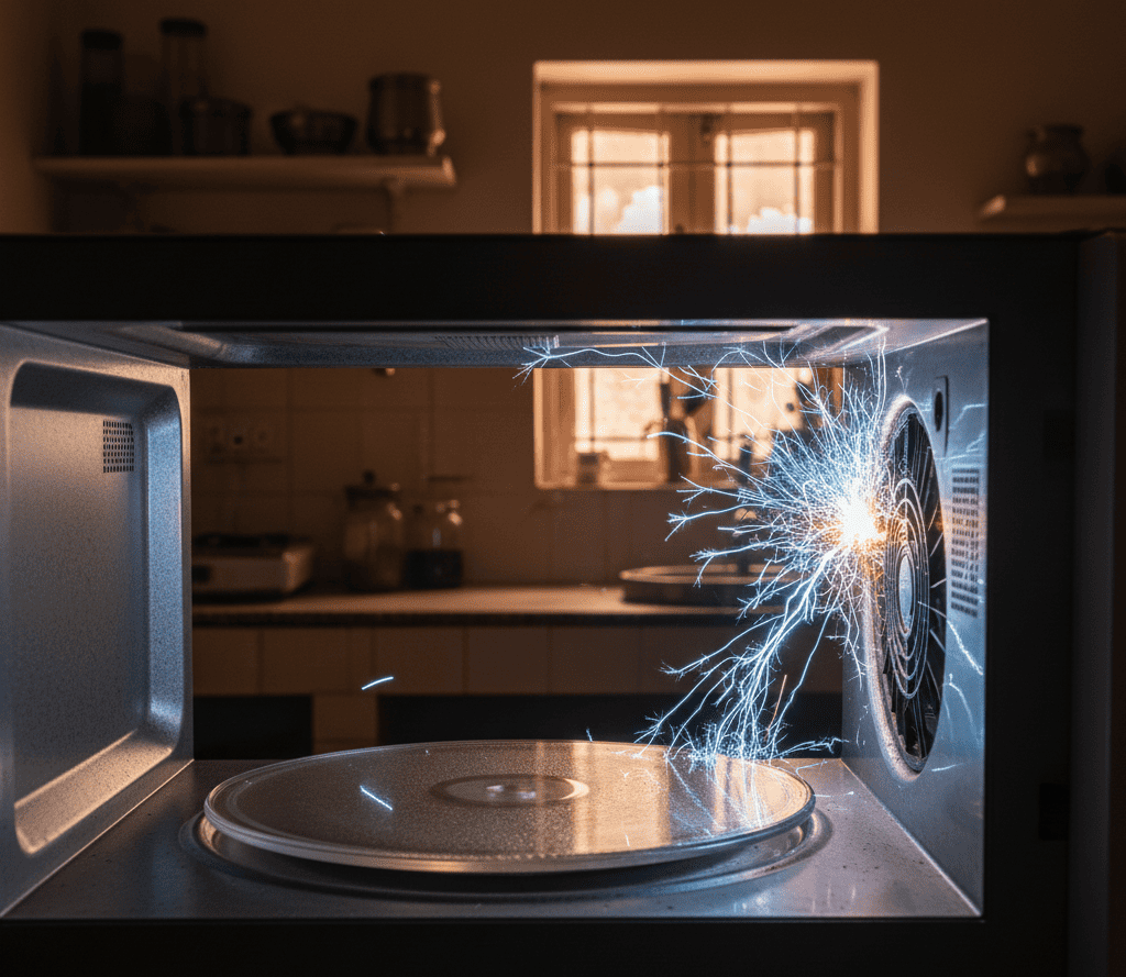 Technician checking microwave for electrical hazards in Kolkata