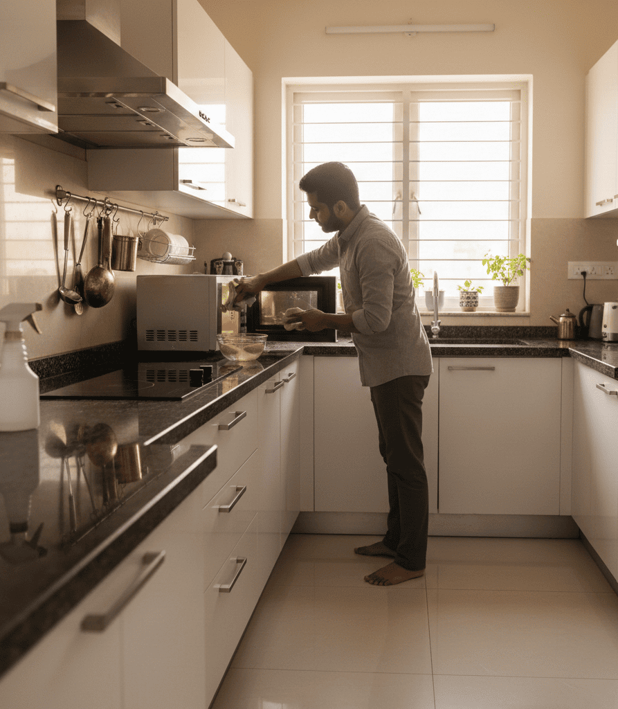 Cleaning microwave oven interior regularly for long life in Hyderabad homes