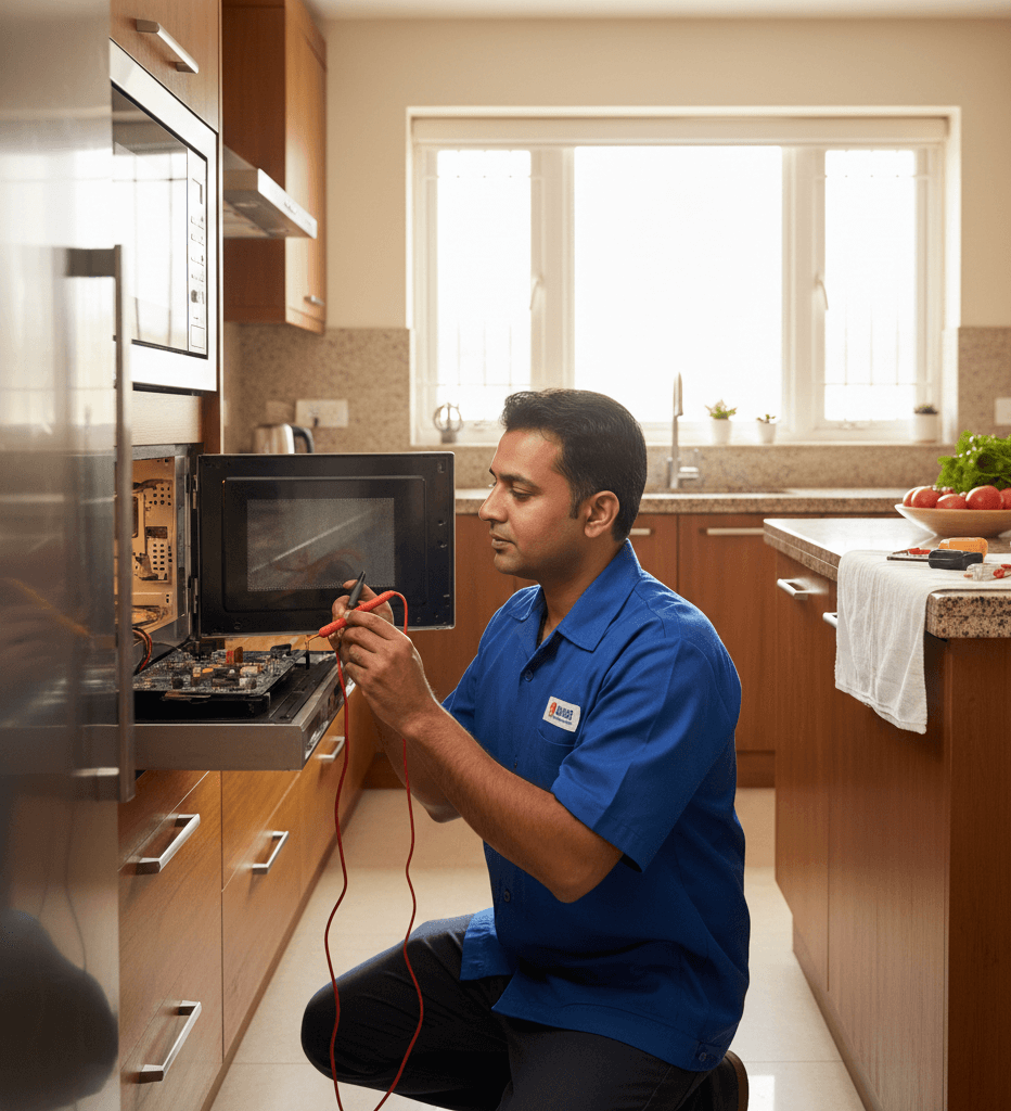Microwave repair technician inspecting a faulty microwave oven at a home in Hyderabad