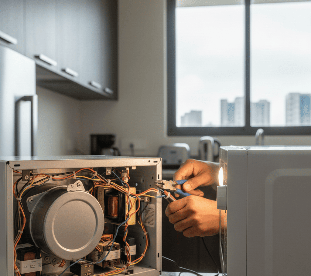Burnt food residue inside microwave being cleaned