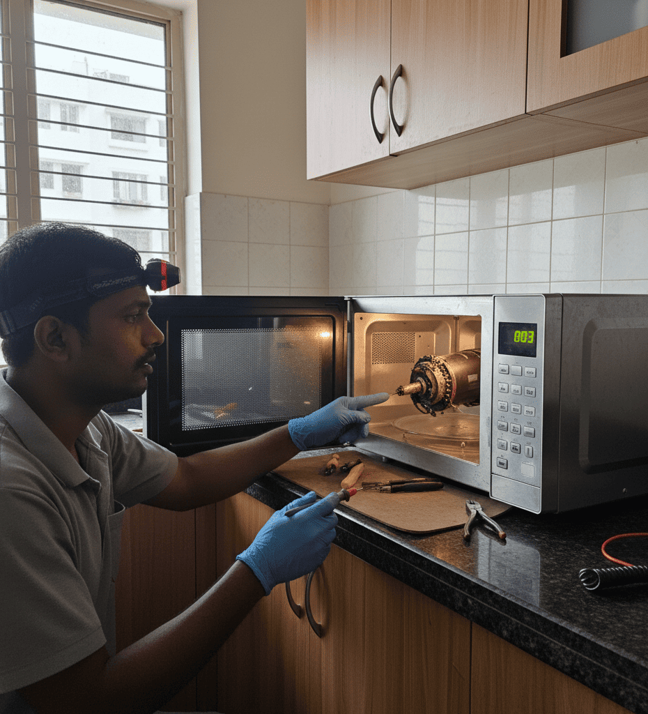 Faulty microwave door switch causing the microwave to stop after a few seconds.