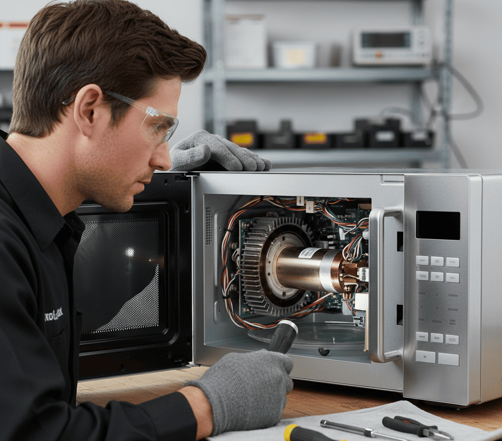 Technician inspecting a faulty magnetron inside a microwave during a repair in Kolkata.