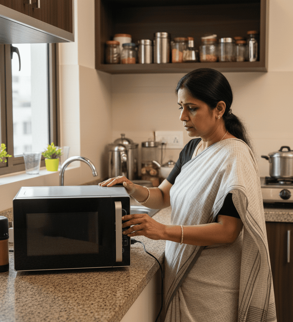 Hyderabad homeowner standing near a microwave that is not turning on due to a fuse issue.