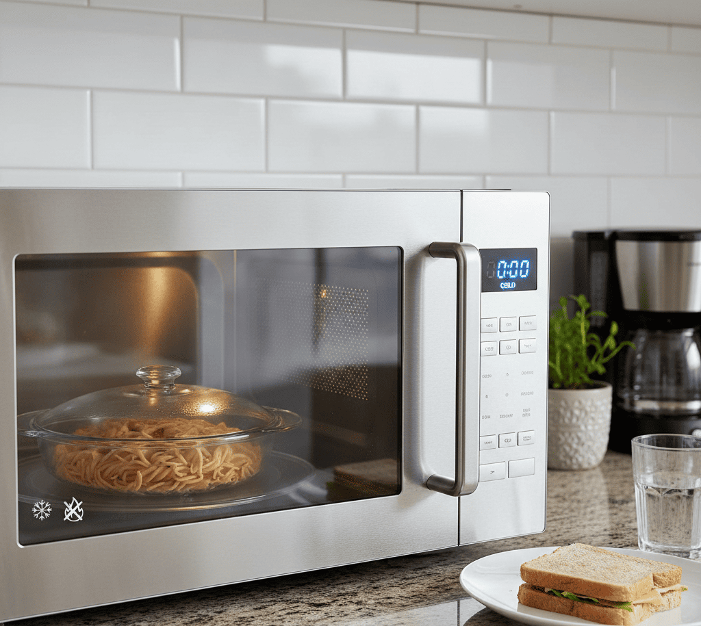 Microwave running but not heating food in a Kolkata household kitchen.