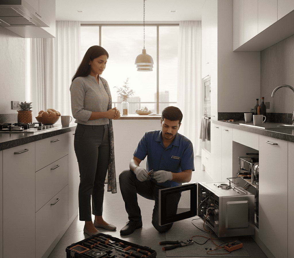 Technician repairing a microwave at a home in Hyderabad