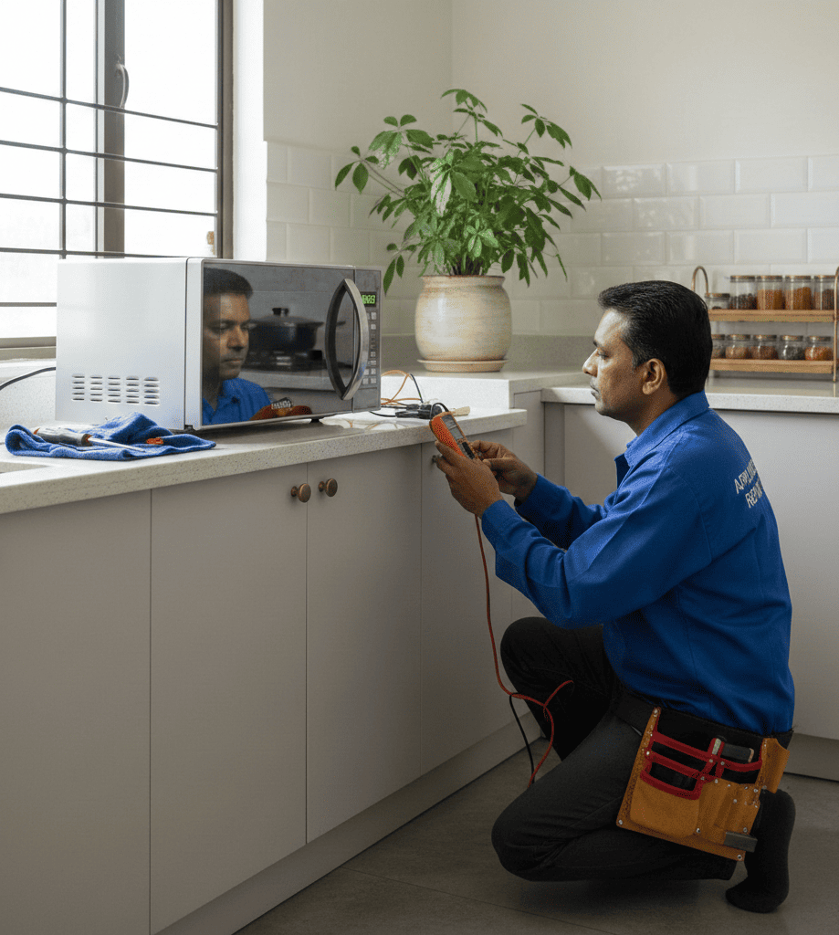 Technician checking microwave oven repair cost at a Kolkata home