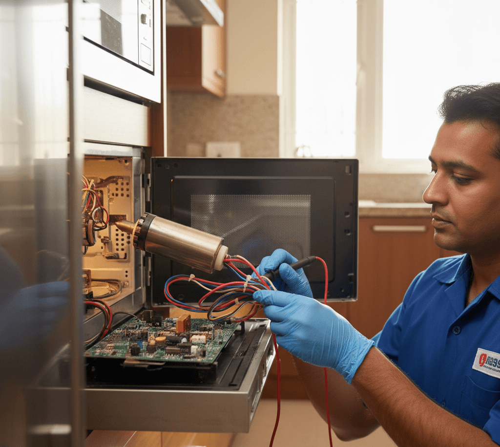 Microwave repair technician inspecting a faulty microwave oven at a home in Hyderabad