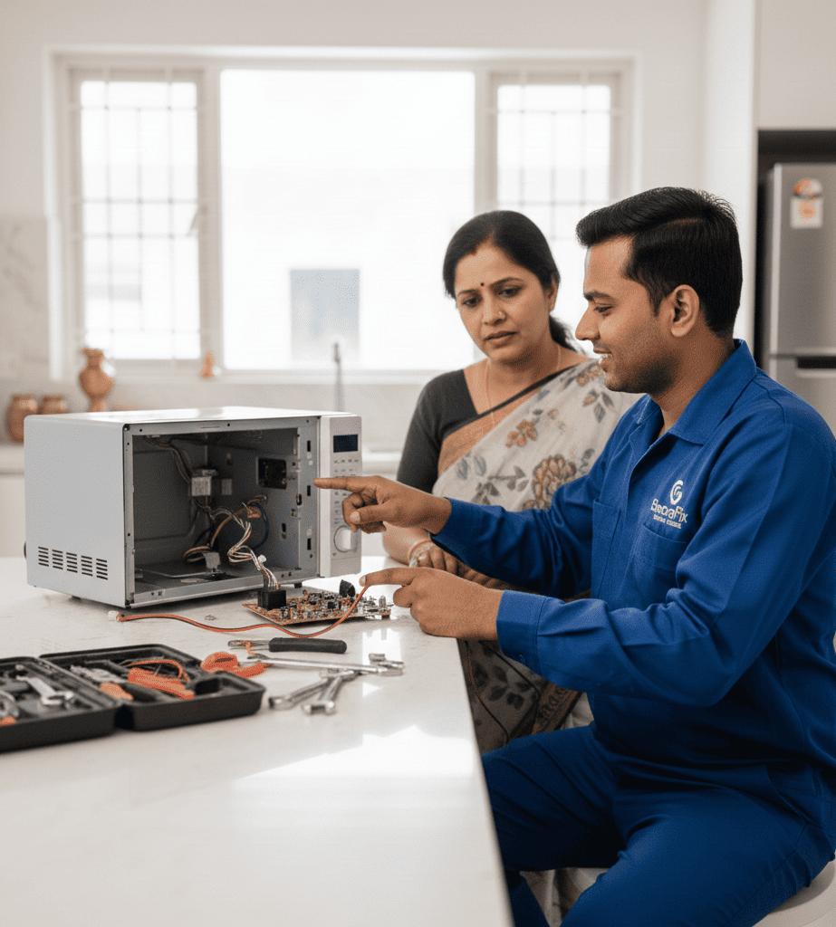 Home microwave repair technician working at a customer’s location in hyderabad