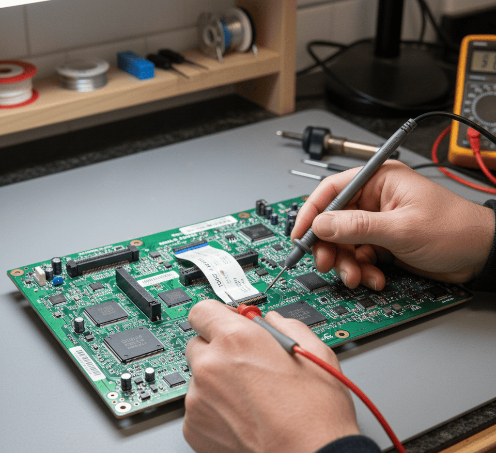 Technician repairing a microwave PCB board due to non-working buttons in Kolkata.