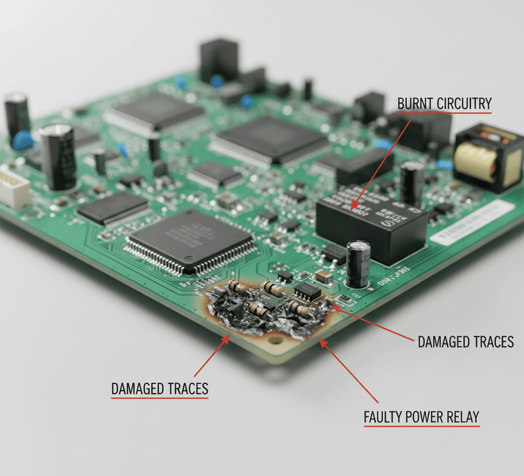 Technician checking a damaged microwave PCB board responsible for sudden shutdown.