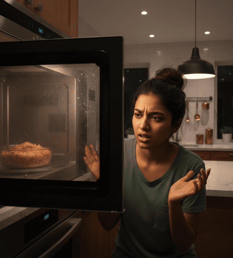 Microwave plate not rotating and needing repair in a Hyderabad home kitchen.