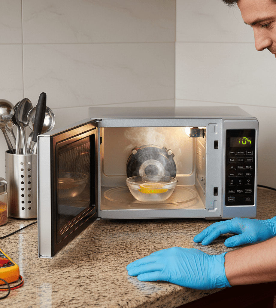 Testing microwave oven after repair to ensure safe and proper operation