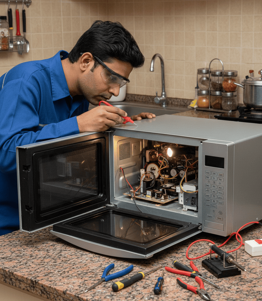 Testing microwave oven after repair to ensure safe and proper operation
