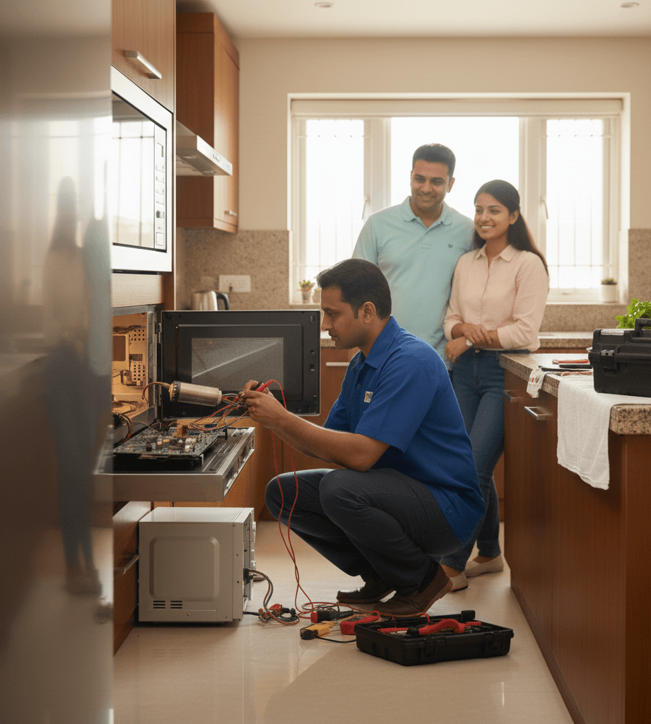 Technician explaining microwave repair issue and cost to a customer in Hyderabad