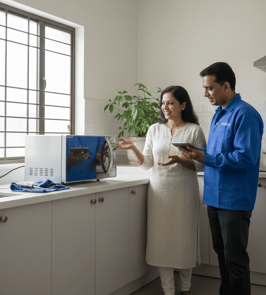 Checking microwave door seal for safety in Kolkata home kitchens
