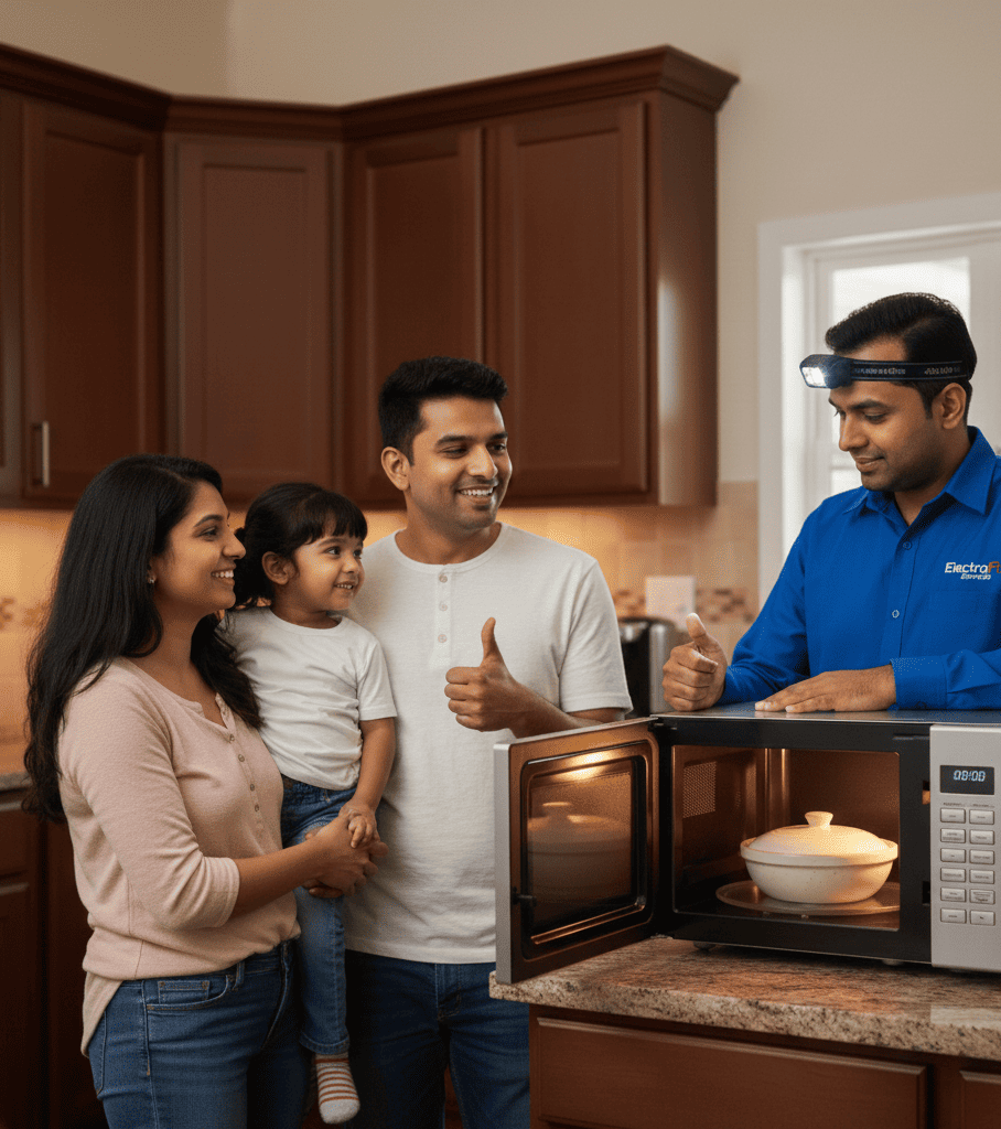 Microwave technician explaining repair problem and pricing clearly to the customer