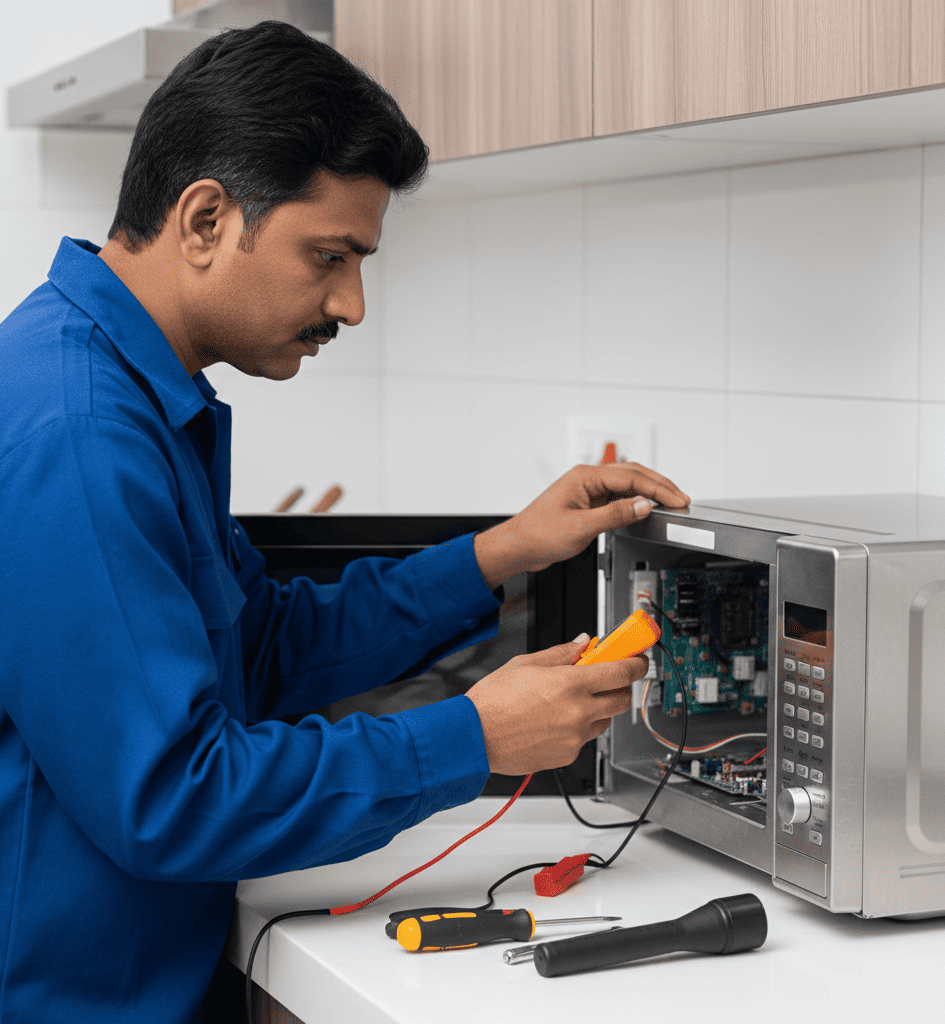 Interior view of a microwave showing sparks due to damaged waveguide in Kolkata household