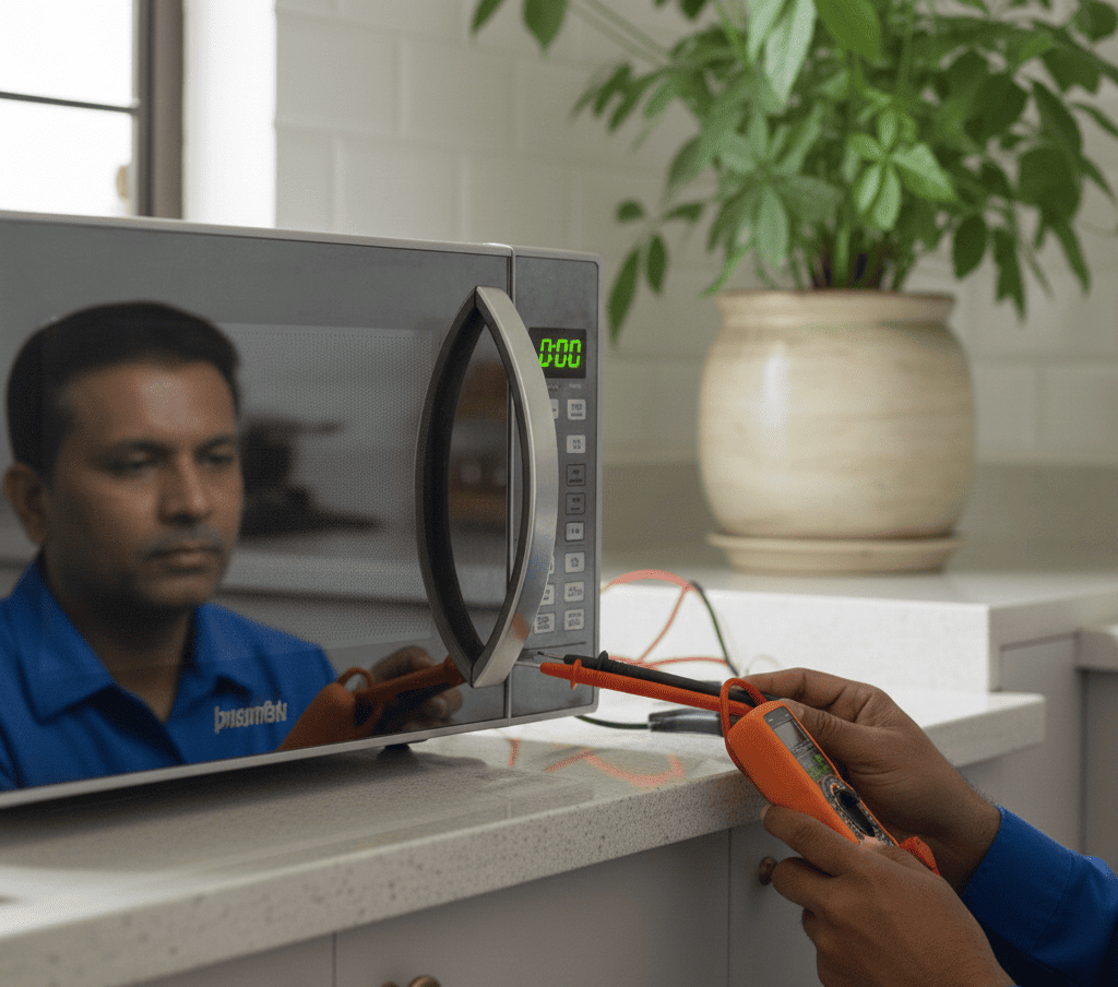 Microwave display is on but the appliance is not starting in a residential kitchen in Hyderabad