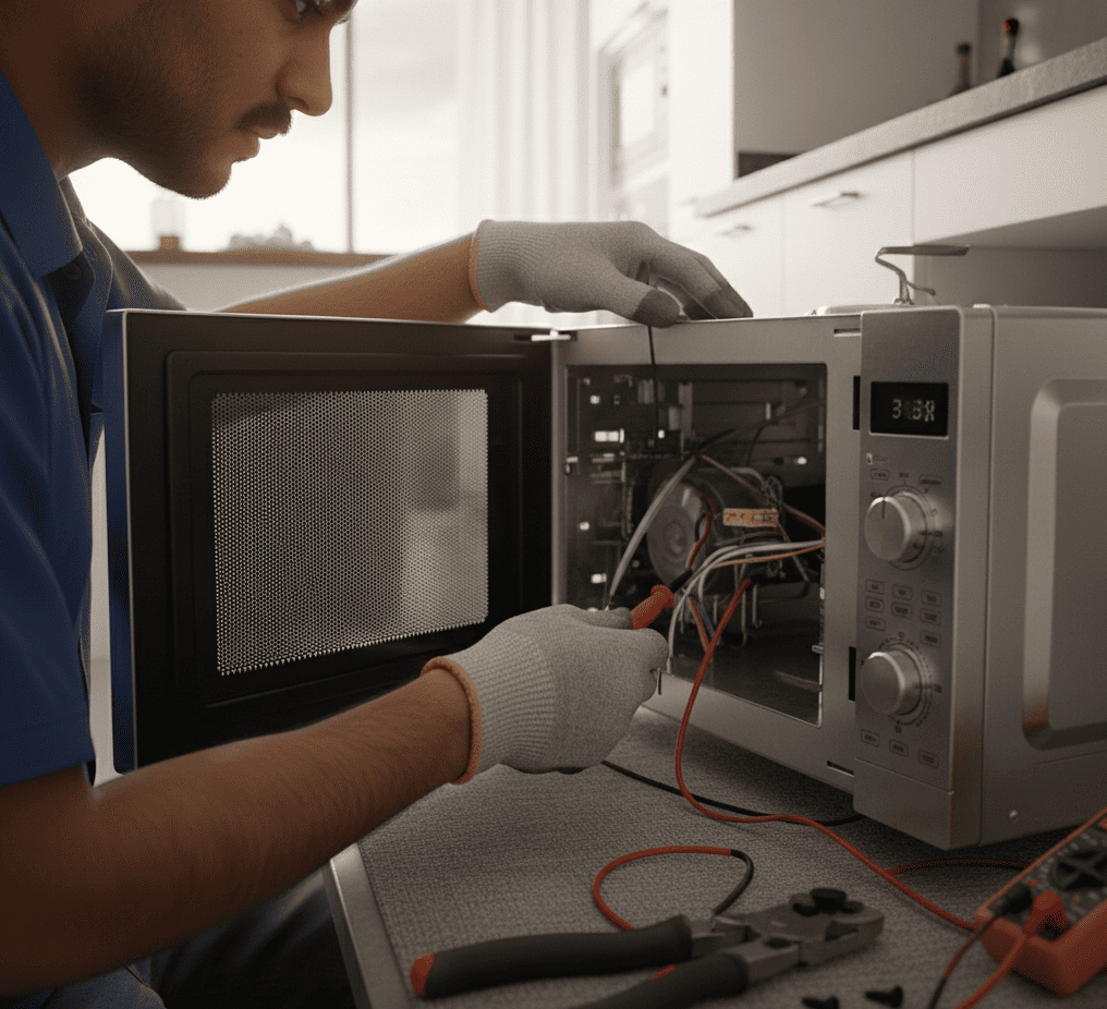 Technician repairing a microwave at a home in Kolkata