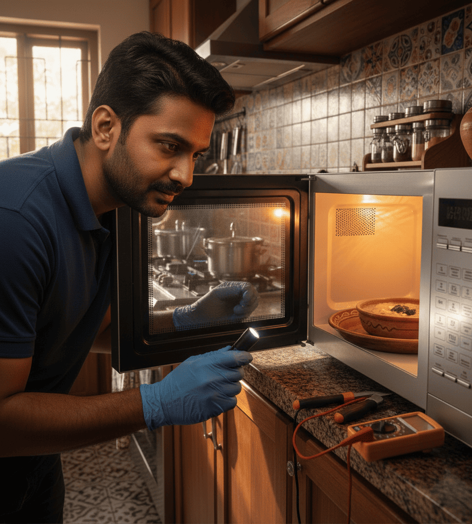 Burn marks inside microwave oven indicating electrical fault in Kolkata home