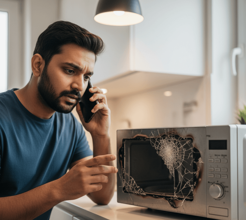 Technician inspecting a microwave oven showing sparking inside during repair in Hyderabad.
