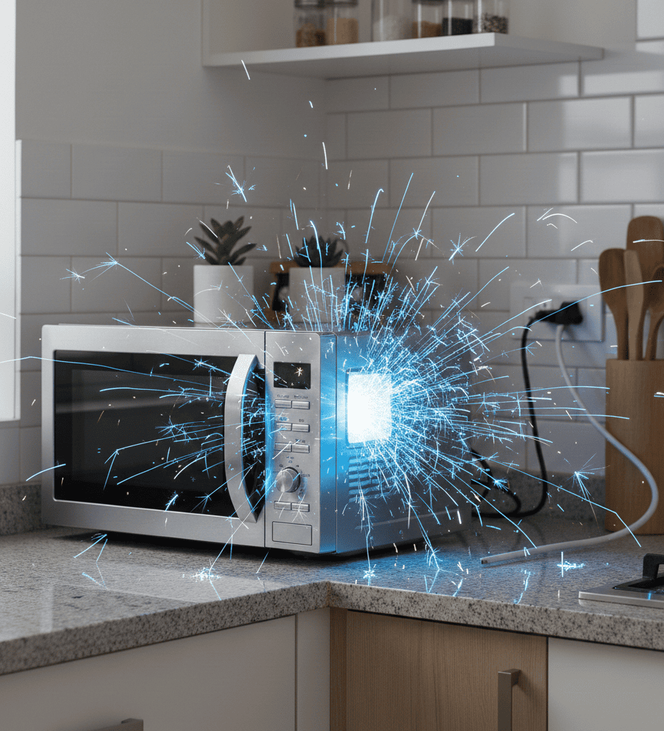 Microwave oven sparking inside while heating food in a Kolkata home kitchen