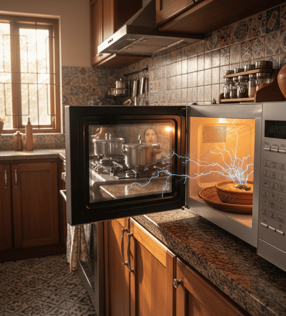 Microwave sparks inside while heating food in a Hyderabad home kitchen