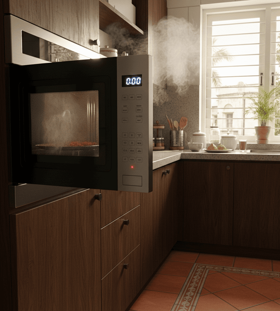 Microwave automatically shutting off a few seconds after starting in a Kolkata home kitchen.