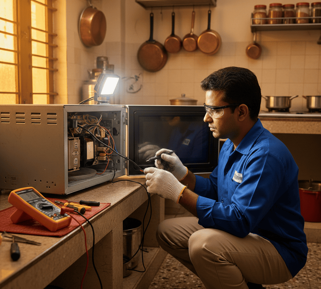 Technician checking microwave for electrical hazards in Kolkata