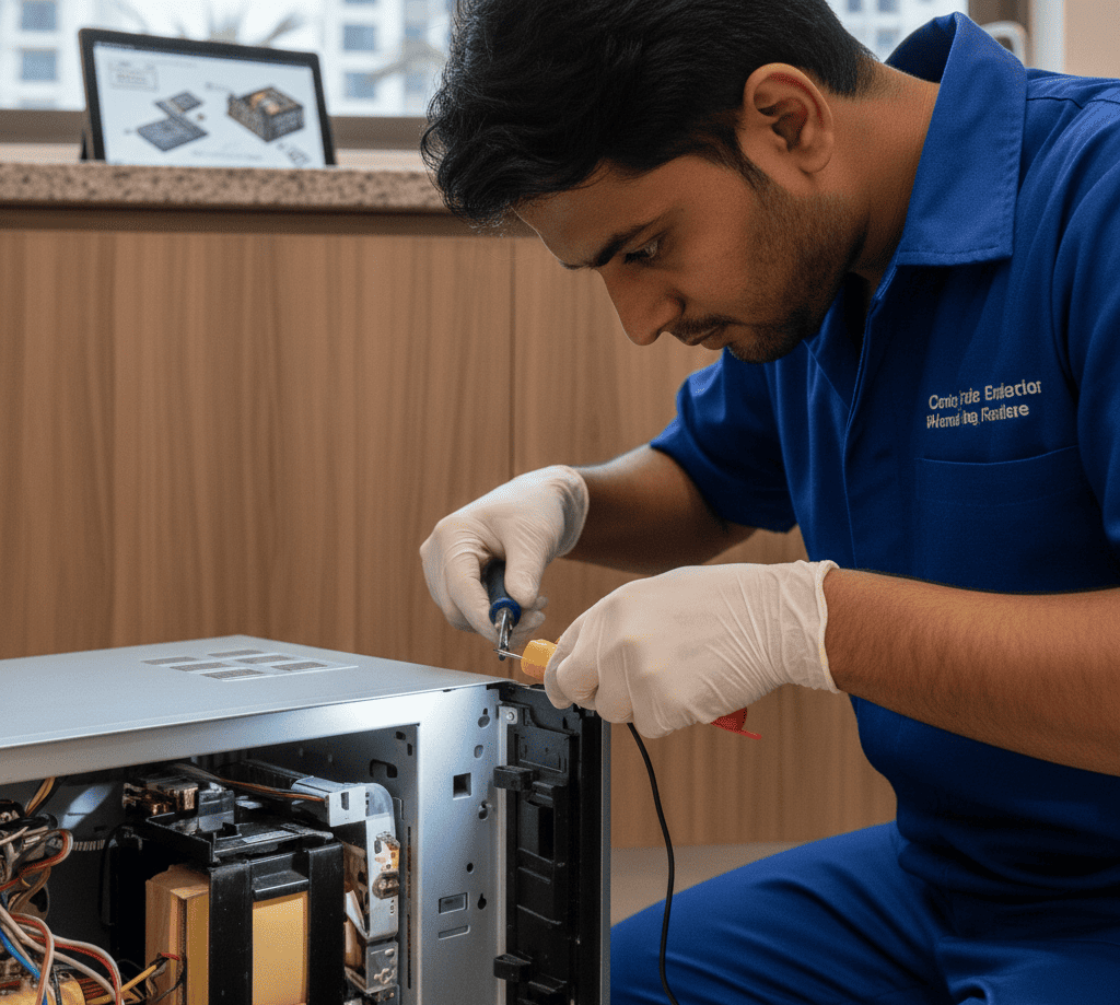 Technician inspecting microwave heating components Financial District