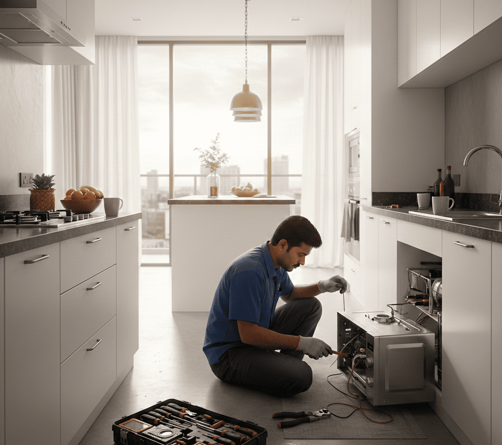 Technician repairing a microwave at a home in Hyderabad