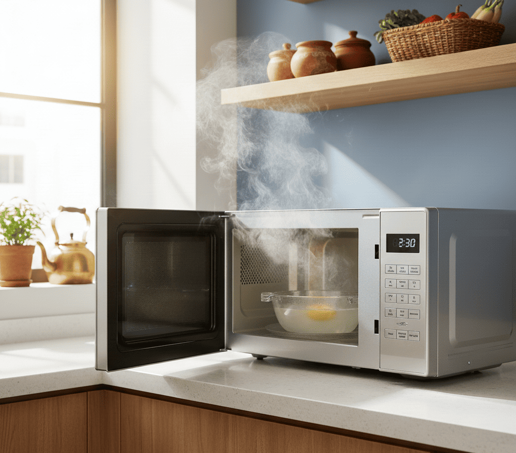 Baking soda paste applied inside microwave to remove tough stains safely.