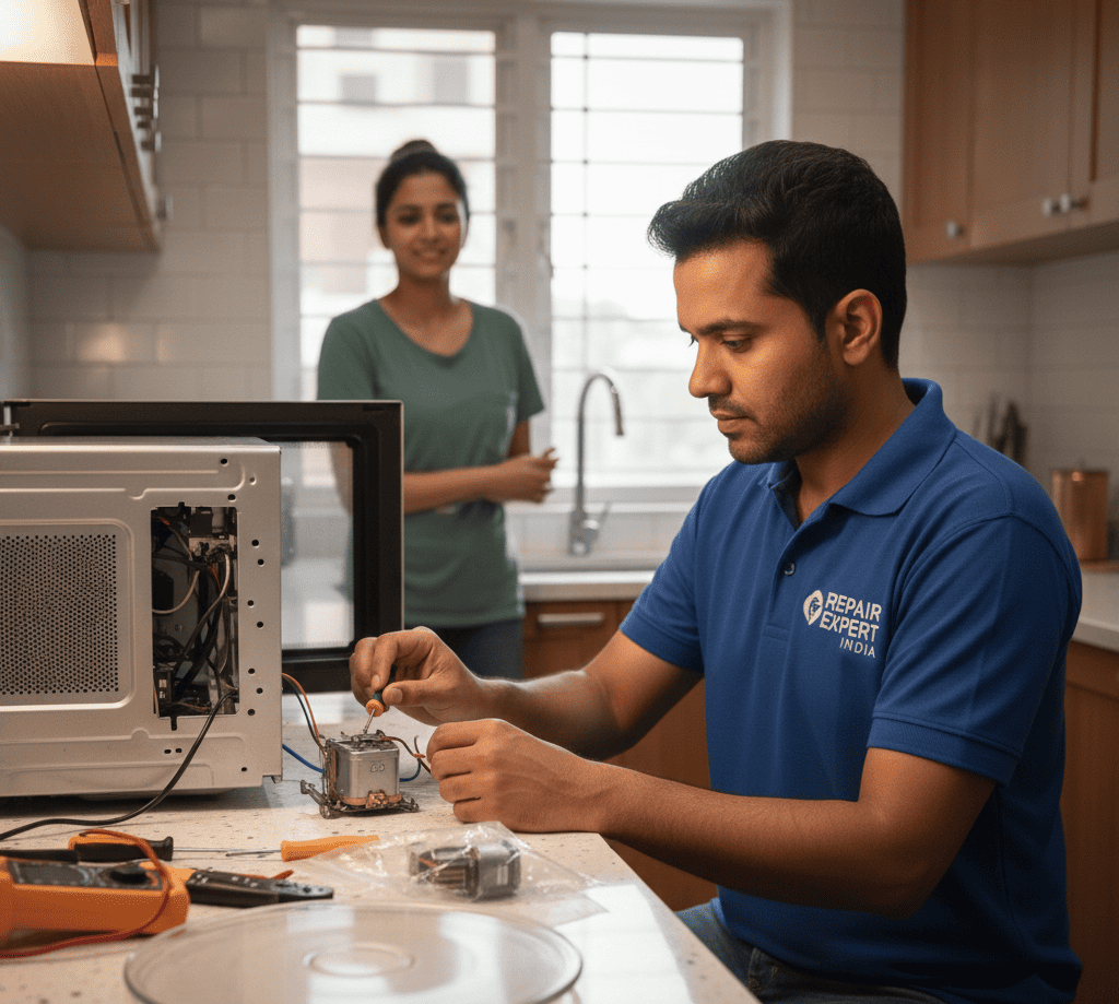 Technician repairing a burnt microwave turntable motor in a Hyderabad apartment.