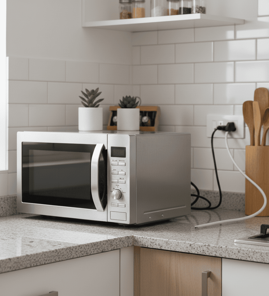 Correct microwave oven placement with proper ventilation space recommended for kitchens in Hyderabad