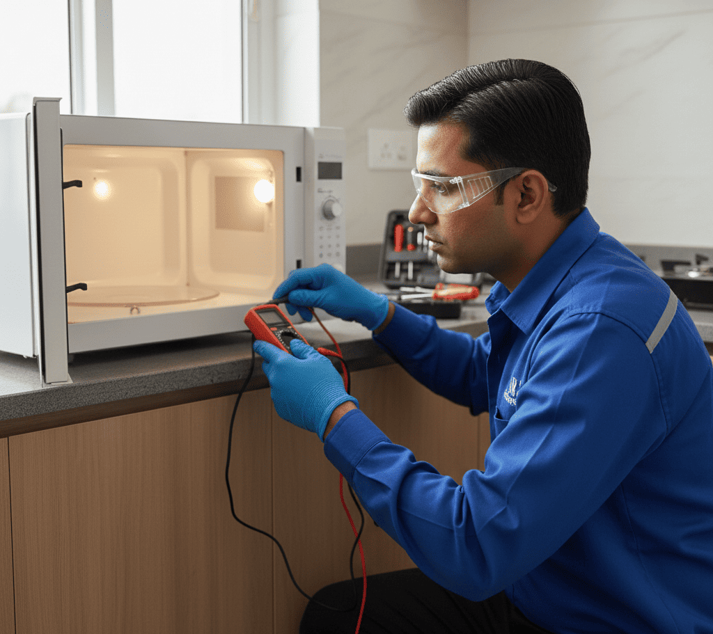 Professional inspection of microwave oven to assess rust damage