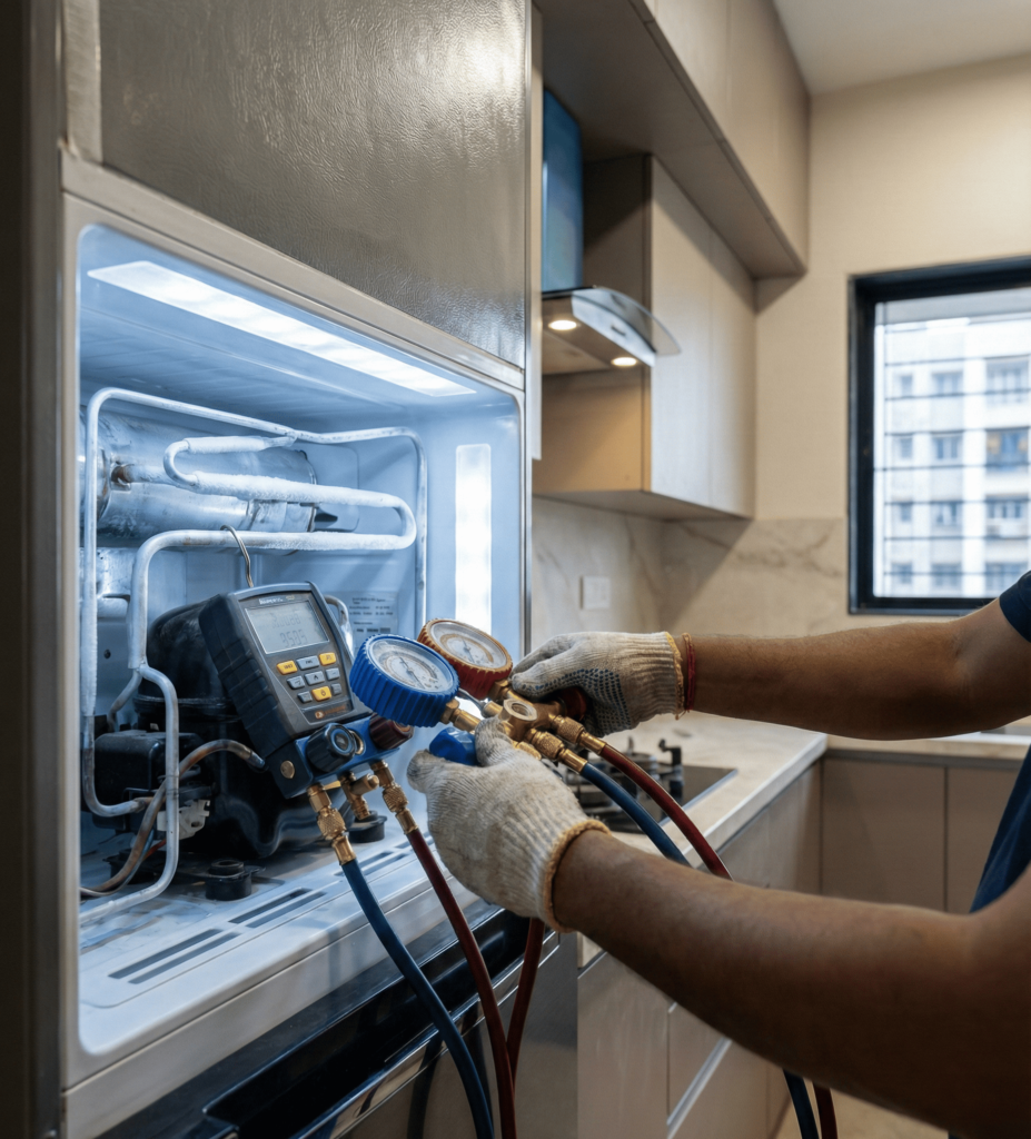 Expert fridge technician repairing a double-door refrigerator
