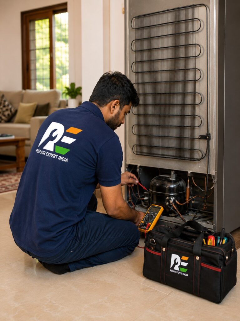 technician inspecting a refrigerator during a repair service in Kolkata