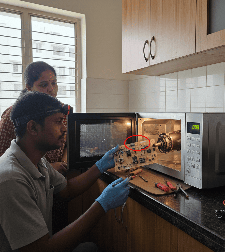 Repair Expert India technician fixing a microwave that stops after a few seconds in Hyderabad.