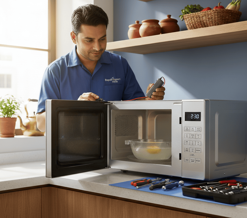 Repair Expert India technician inspecting a microwave in a Hyderabad apartment.