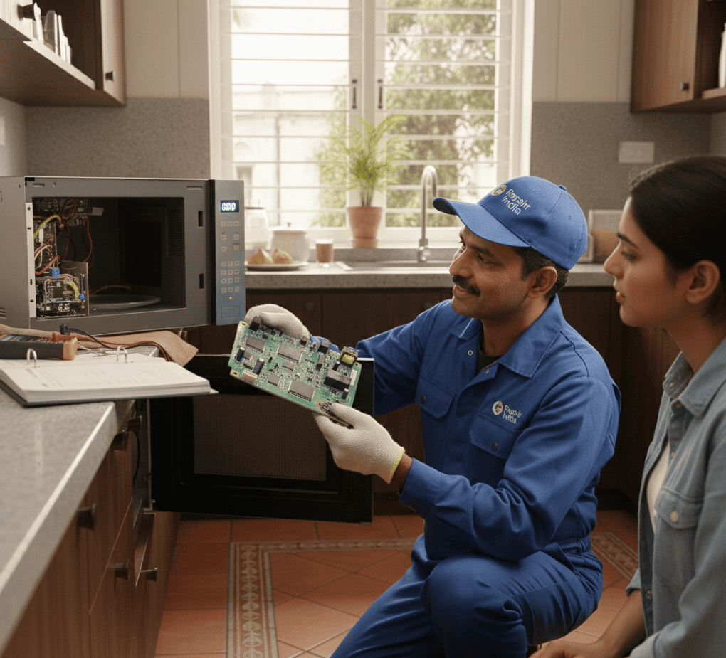 Expert technician repairing a noisy microwave inside a Gachibowli home.
