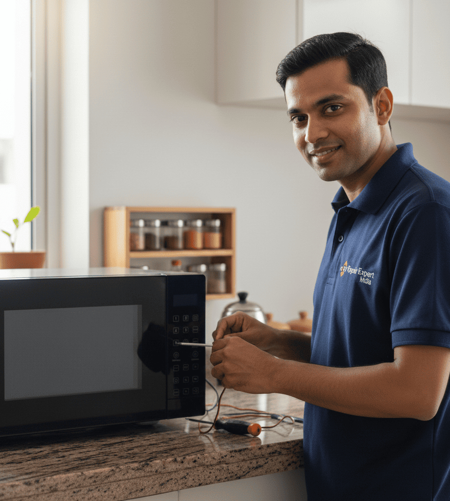 Repair Expert India technician fixing microwave button issues in a hyedrabad madhupur apartment.