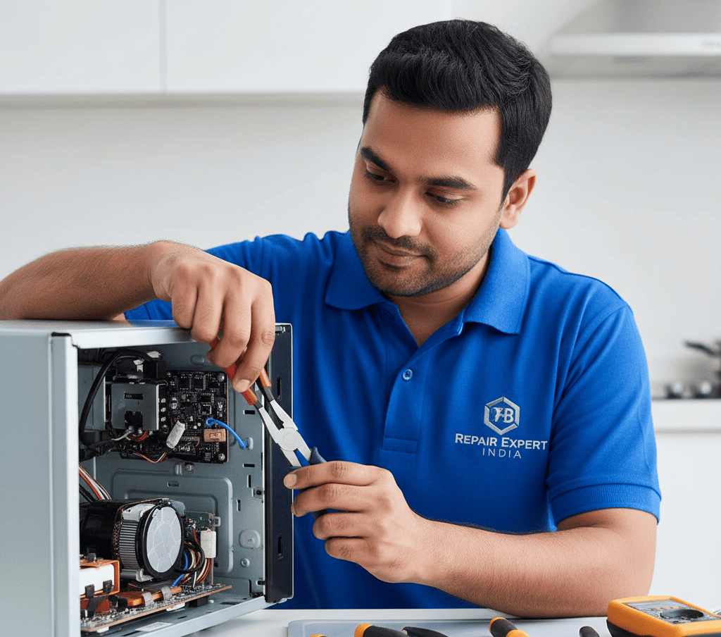 Repair Expert India technician fixing a noisy microwave for a customer in Hyderabad.