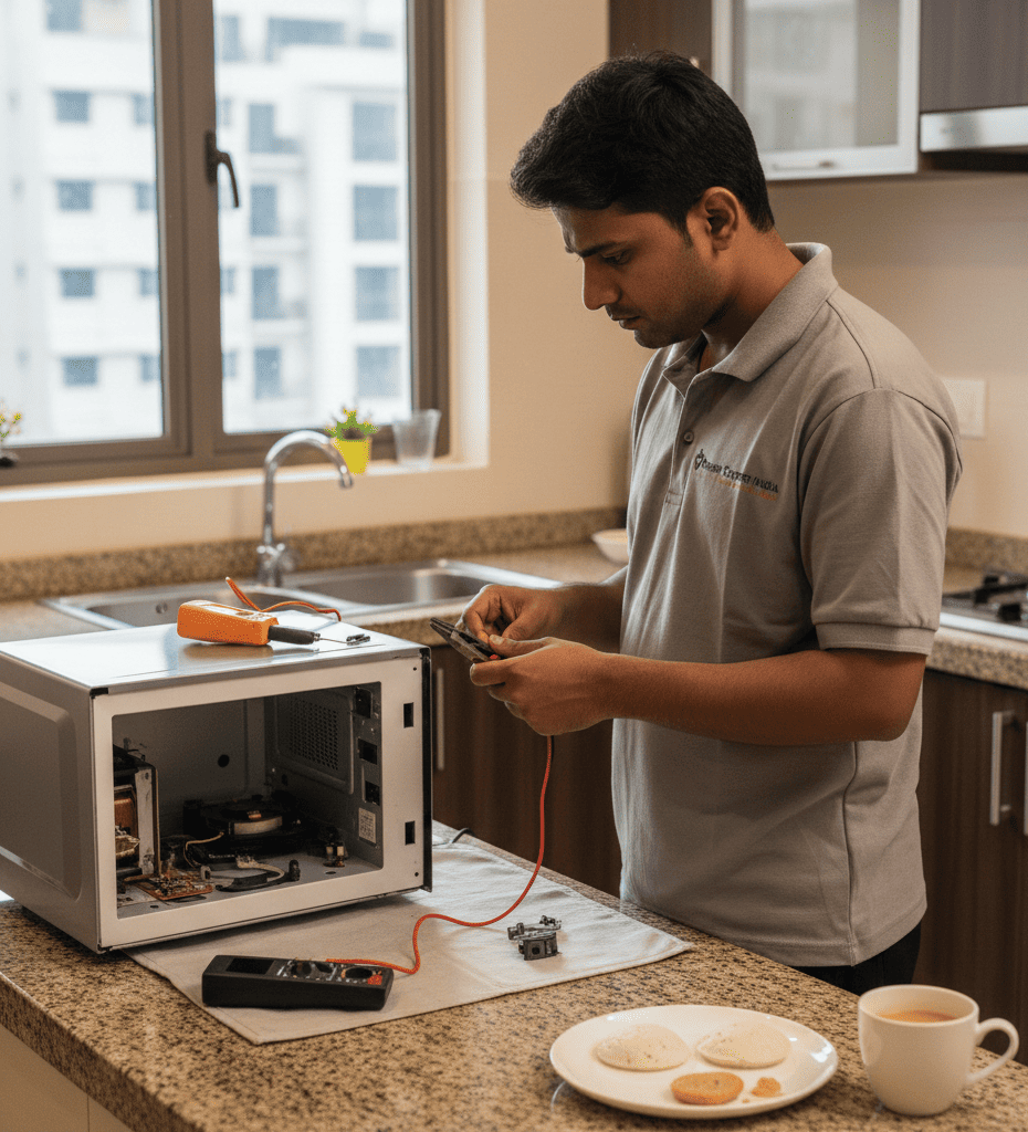 Technician inspecting a blown microwave fuse inside a Hyderabad apartment kitchen.