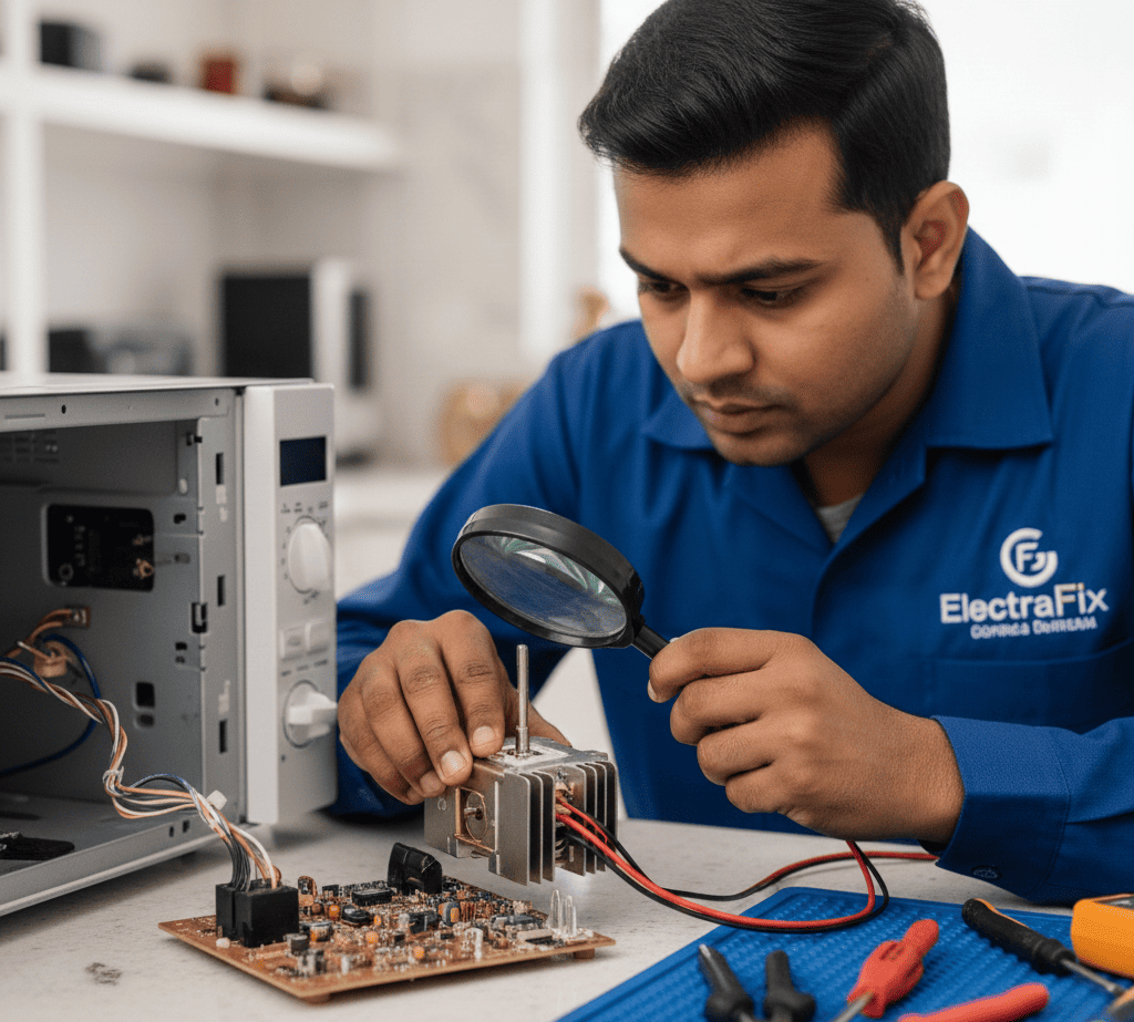 Technician repairing internal microwave wiring in Shaikpet