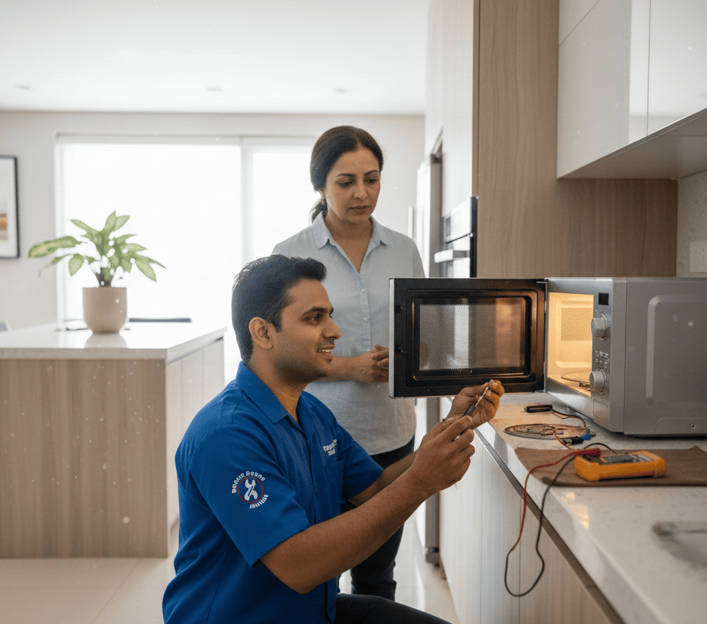 Expert microwave repair technician inspecting a noisy microwave in a Hyderabad home.